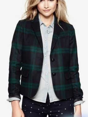 GAP The Academy Blazer Navy Green Tartan Plaid Wool Blend Flannel Size 6